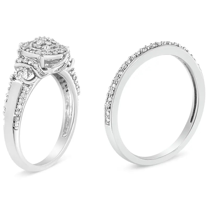 .925 Sterling Silver 1/3 Cttw Diamond 7 Stone Cluster and Halo Engagement Ring and Wedding Band Set (I-J Color, I1-I2 Clarity) Luxcom