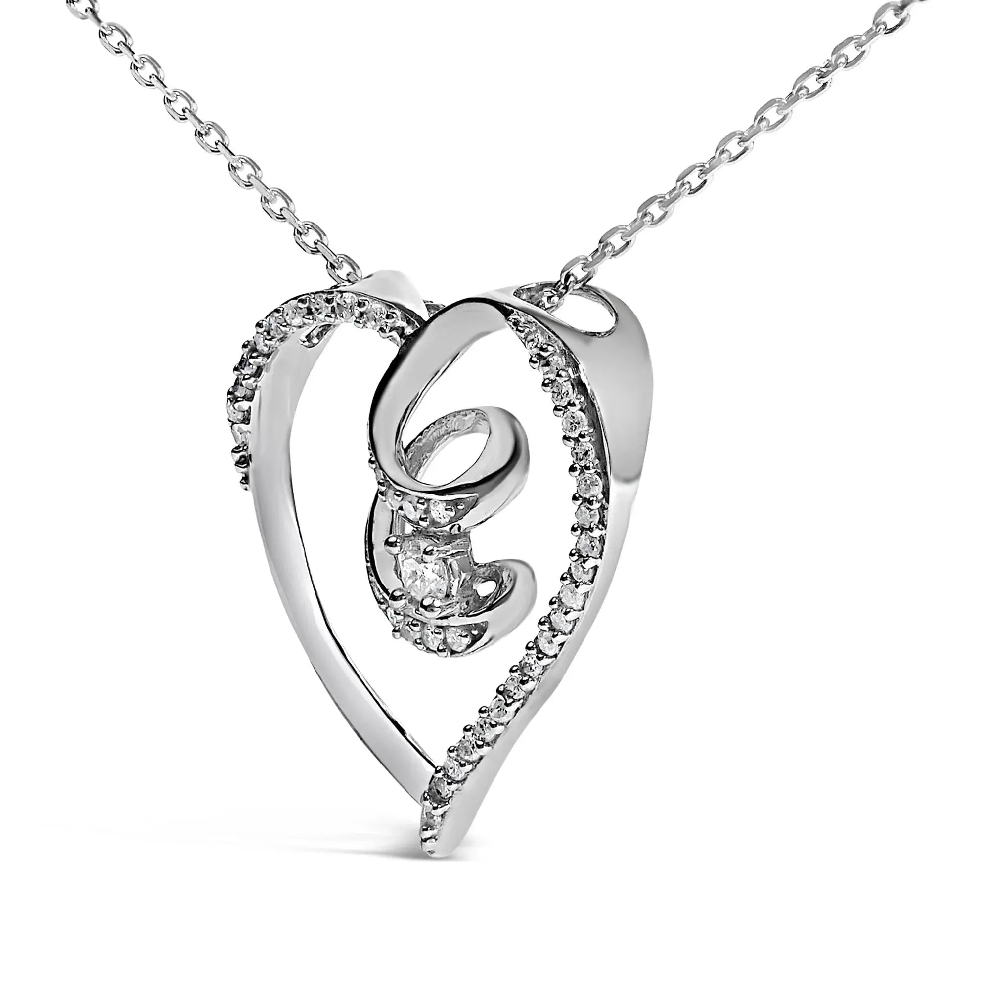.925 Sterling Silver 1/4 Cttw Brilliant-Cut Diamond Open Heart Twisted Awareness Ribbon 18" Pendant Necklace (H-I Color, I1-I2 Clarity) Infinite Jewels