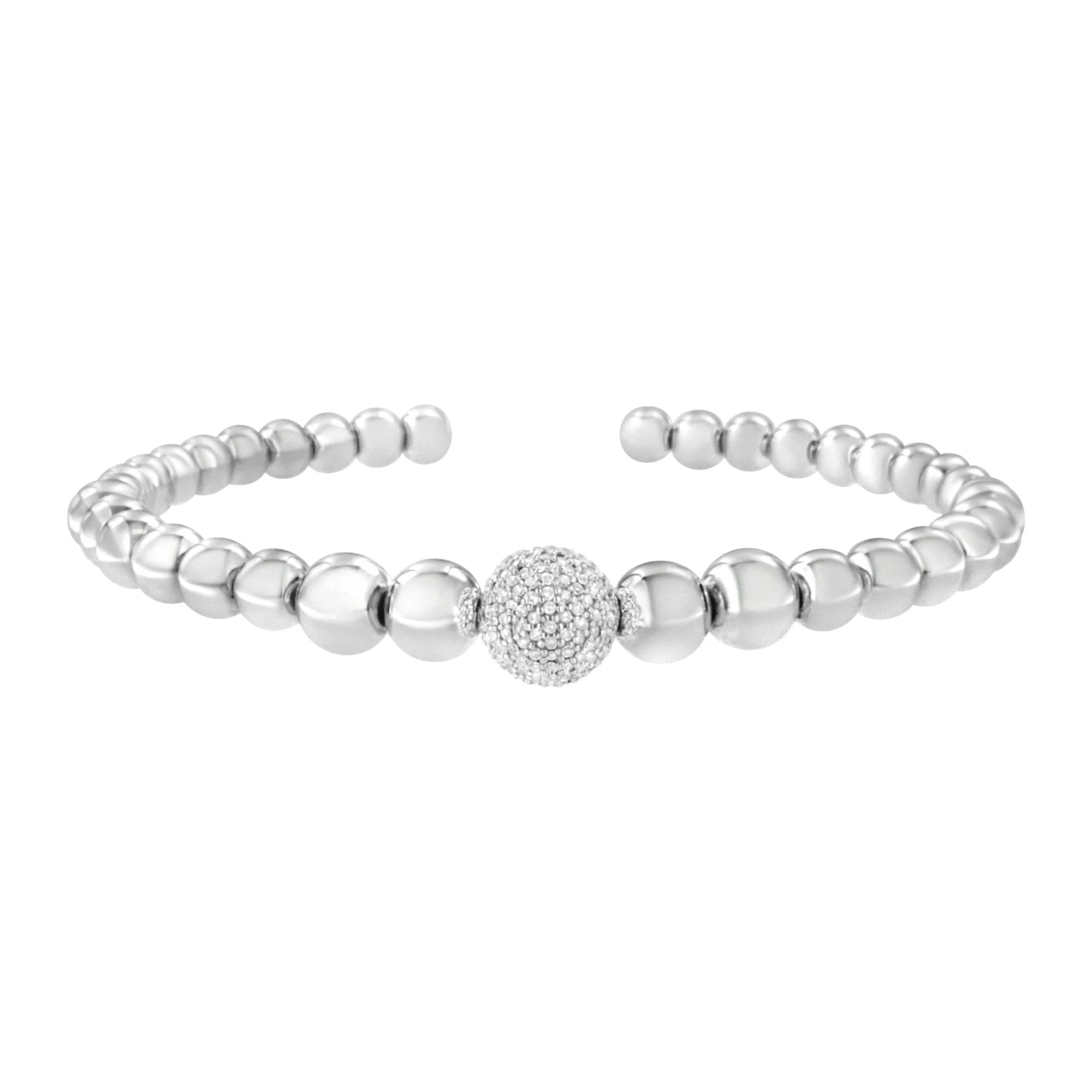 .925 Sterling Silver 1/6 Cttw Diamond Rondelle Graduated Ball Bead Cuff Bangle Bracelet (I-J color, I2-I3 clarity) - Fits wrists up to 7 1/2 inches Infinite Jewels