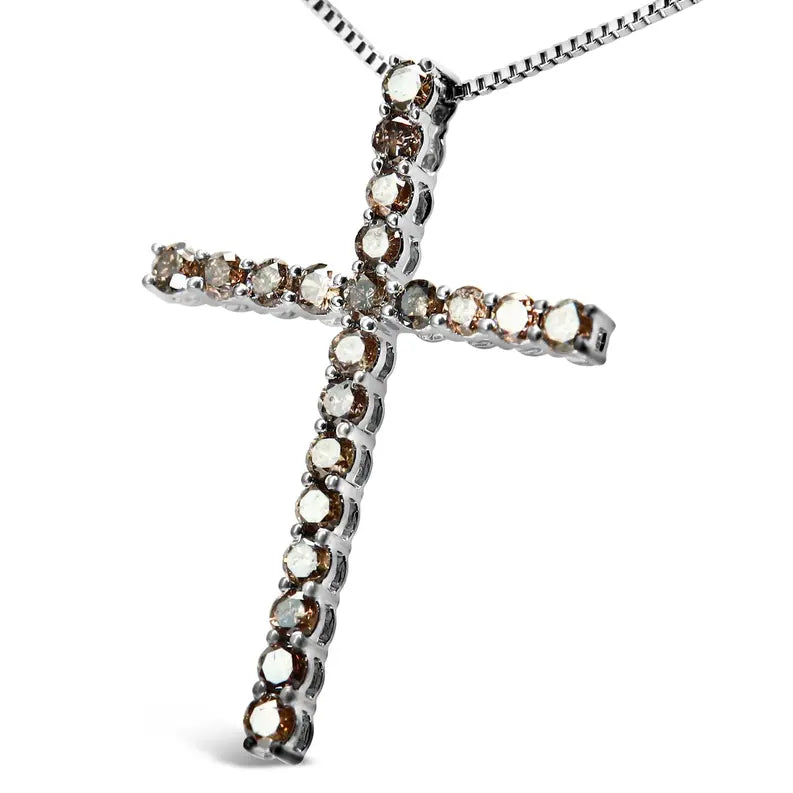 .925 Sterling Silver 1.0 Cttw Champagne Diamond Gold Cross Pendant Necklace for Women (Champagne Color, I1-I2 Clarity)- 18 inch Luxcom