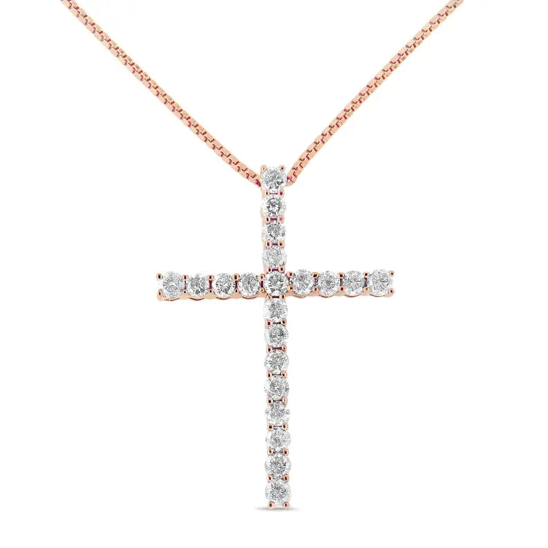 .925 Sterling Silver 1.0 Cttw Champagne Diamond Gold Cross Pendant Necklace for Women (Champagne Color, I1-I2 Clarity)- 18 inch Luxcom