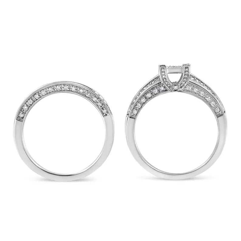 .925 Sterling Silver 3/4 Cttw Prong Set Round Diamond Composite Engagement Ring and Band Set (I-J Color, I3 Clarity) Luxcom