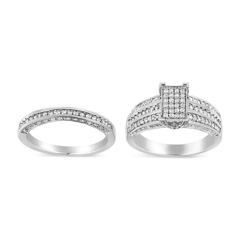 .925 Sterling Silver 3/4 Cttw Prong Set Round Diamond Composite Engagement Ring and Band Set (I-J Color, I3 Clarity) Luxcom