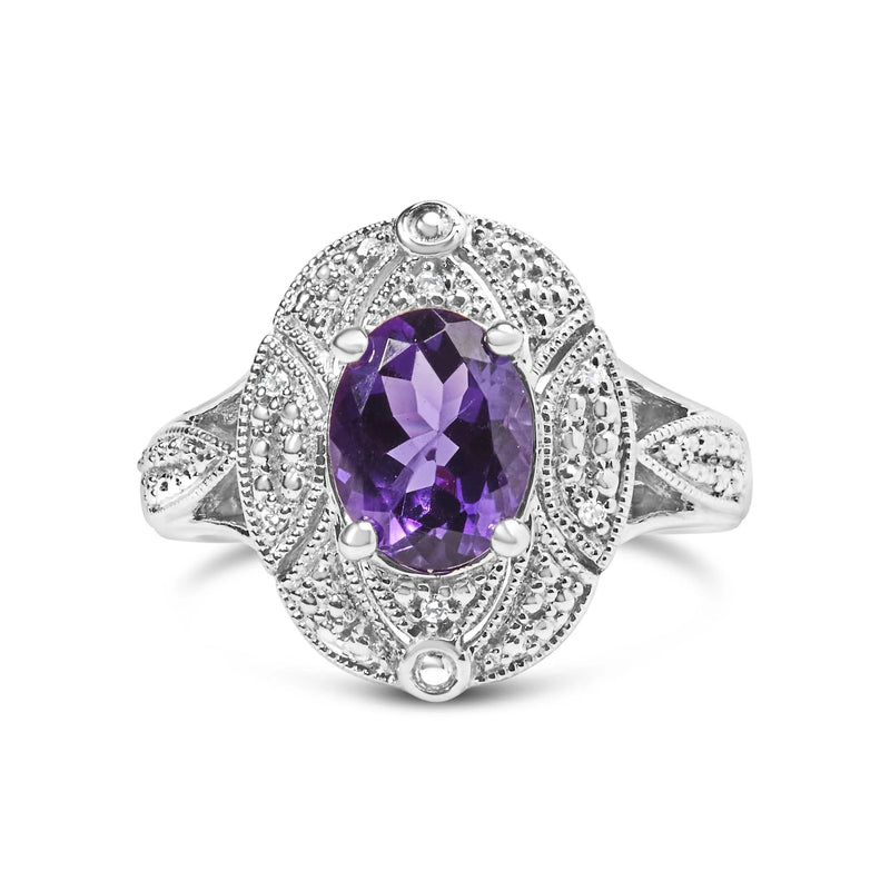 .925 Sterling Silver 9x7mm Oval Purple Amethyst and Round Diamond Accent Fashion Cocktail Ring (I-J Color, I1-I2 Clarity) Infinite Jewels