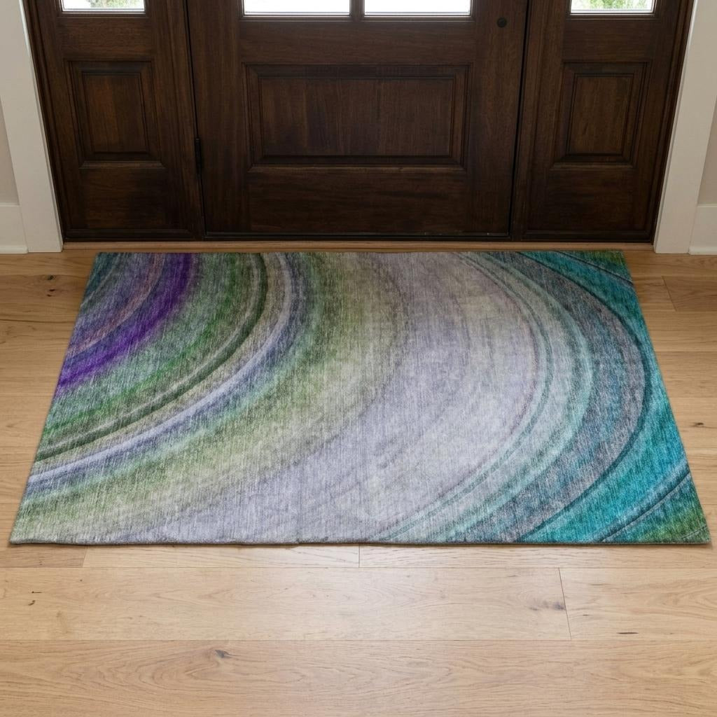 3' X 5' Teal And Green Abstract Shag Washable Area Rug With UV Protection - Home & Garden