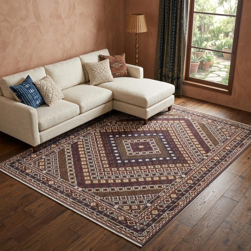 10' X 13' Ivory Red And Tan Diamond Area Rug With Fringe - Home & Garden
