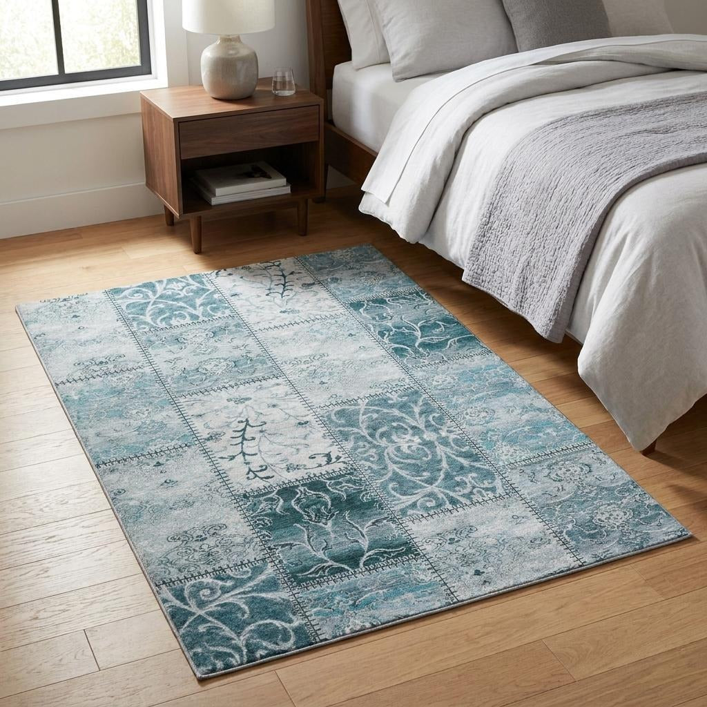 3' X 5' Teal And Ivory Floral Shag Washable Area Rug With UV Protection - Home & Garden