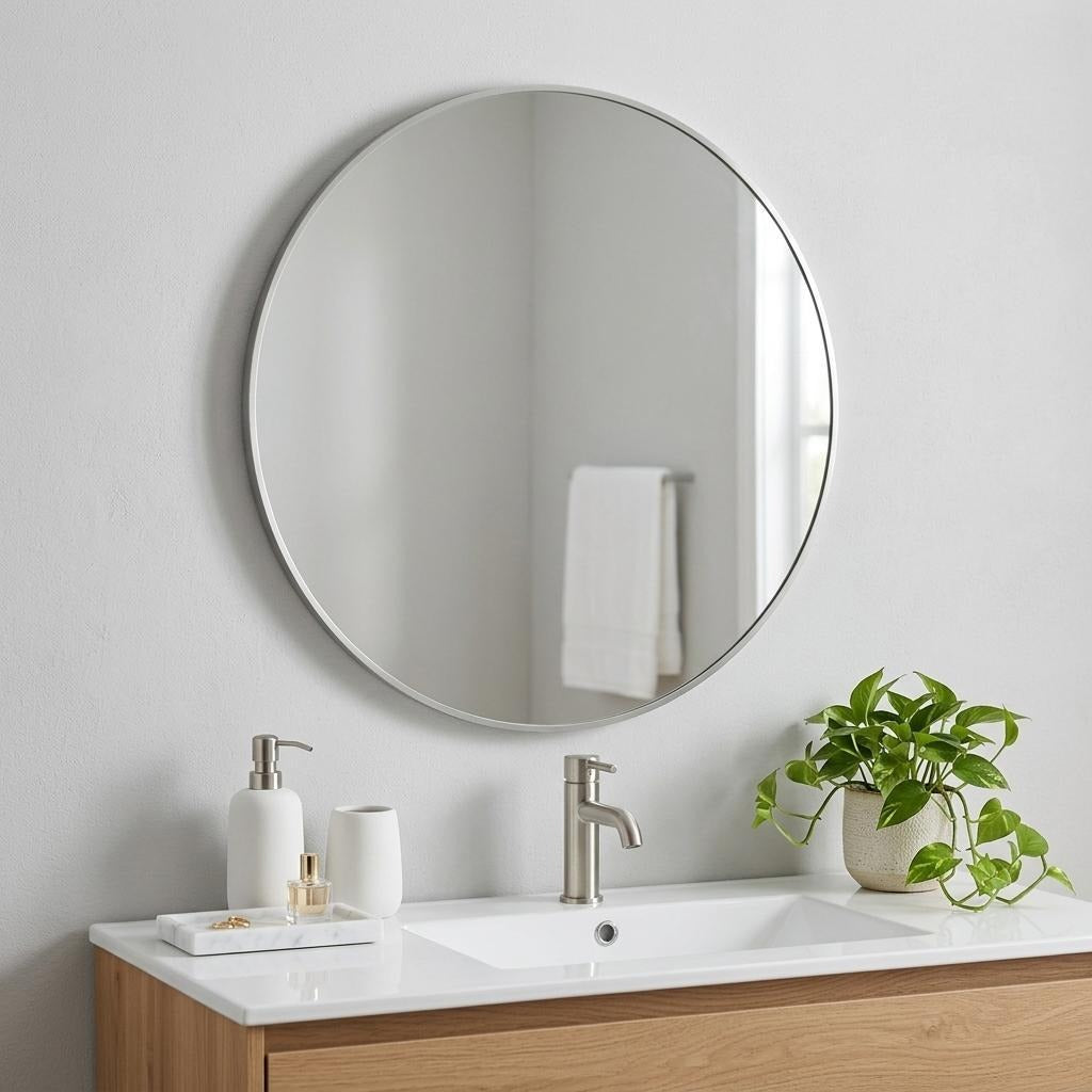 32" Silver Aluminum Round Framed Bathroom Vanity Mirror - Bed & Bath