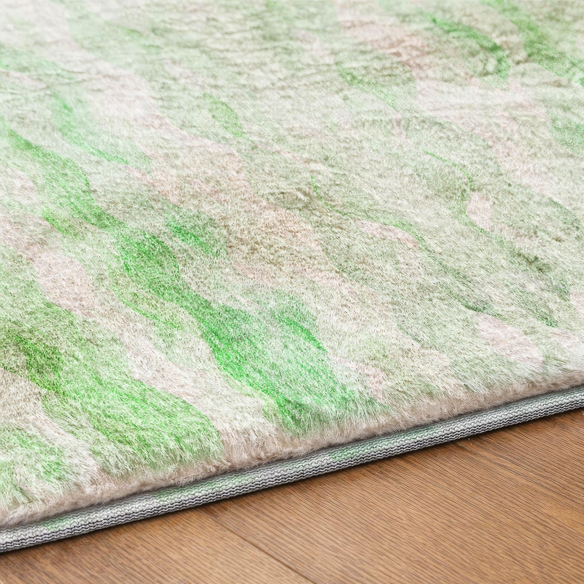 10' X 14' Green And Ivory Striped Shag Washable Area Rug With UV Protection - Home & Garden