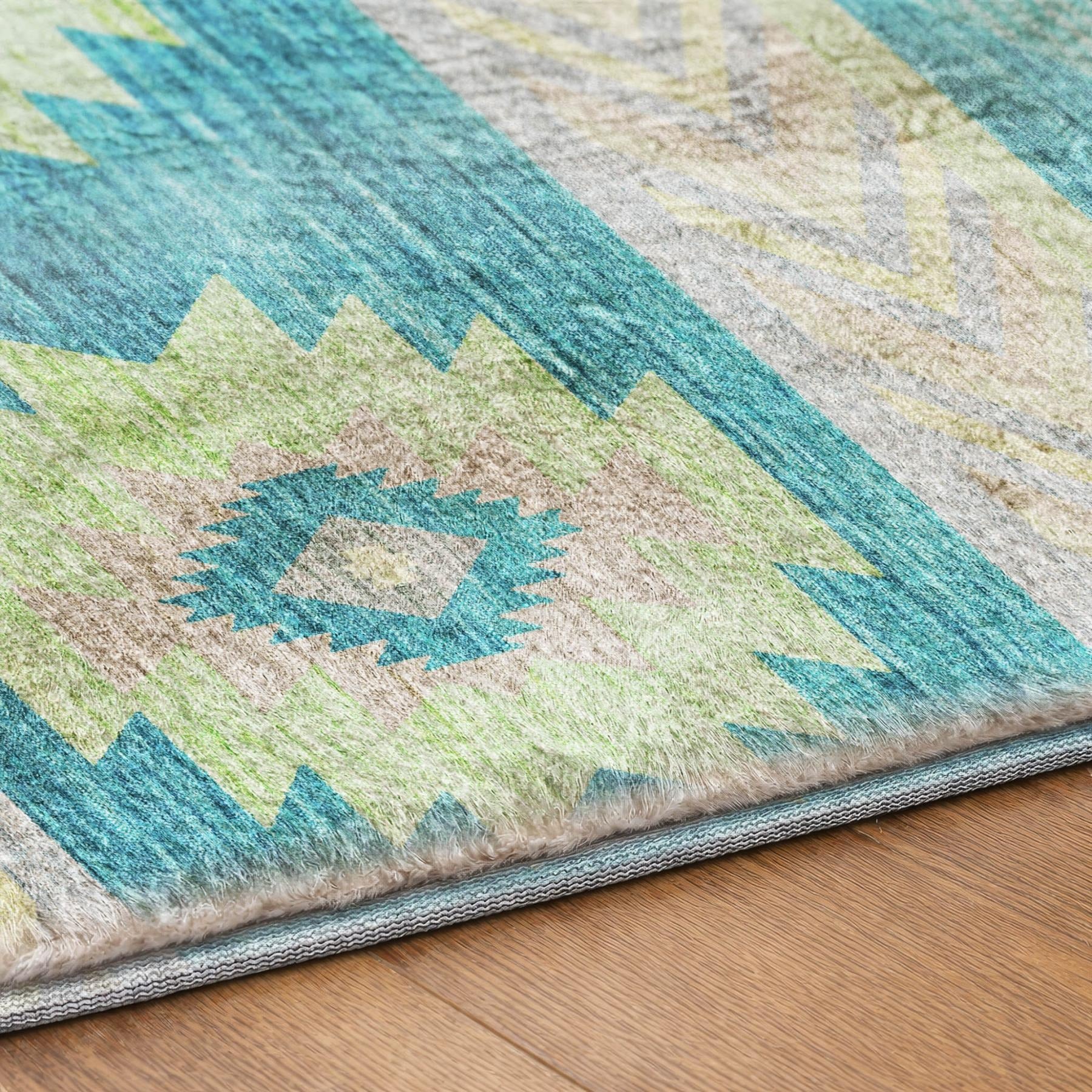 5' X 8' Teal And Lime Green Geometric Shag Washable Area Rug With UV Protection - Home & Garden