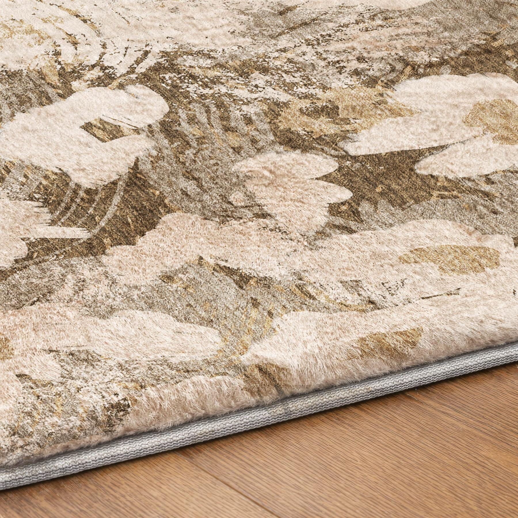 3' X 5' Khaki And Brown Floral Shag Washable Area Rug With UV Protection - Home & Garden