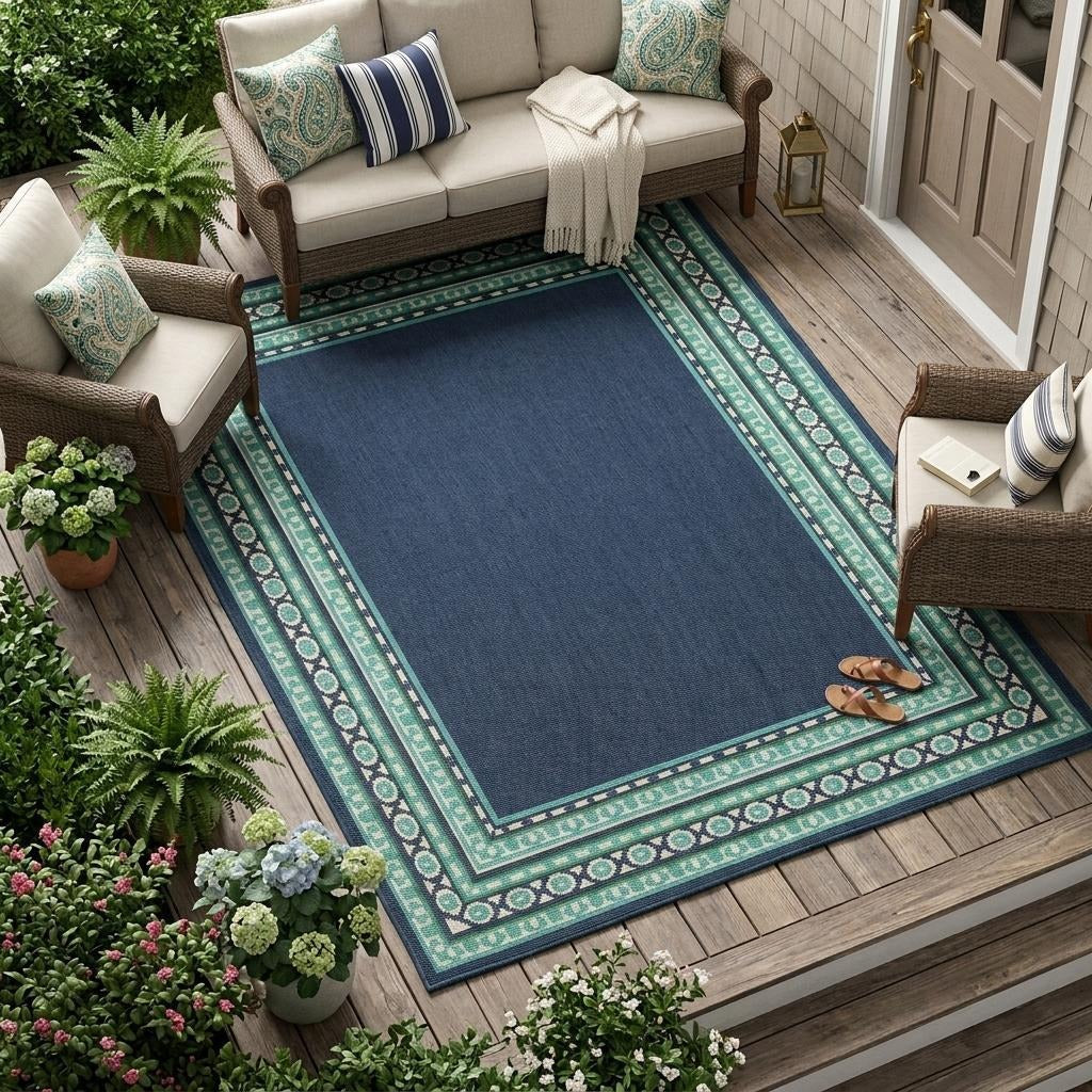 7' X 10' Blue and Green Indoor Outdoor Area Rug - Outdoor