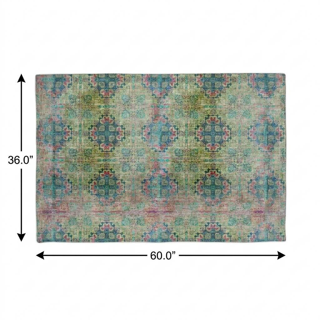 3' X 5' Green And Teal Medallion Shag Washable Area Rug With UV Protection - Home & Garden