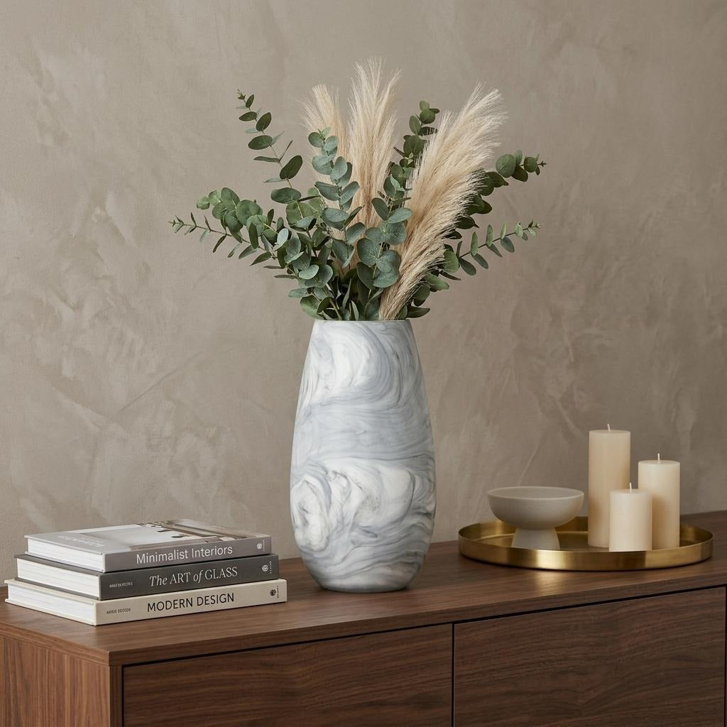 12" Gray And White Abstract Cylinder Crystal Glass Table Vase - Home & Garden