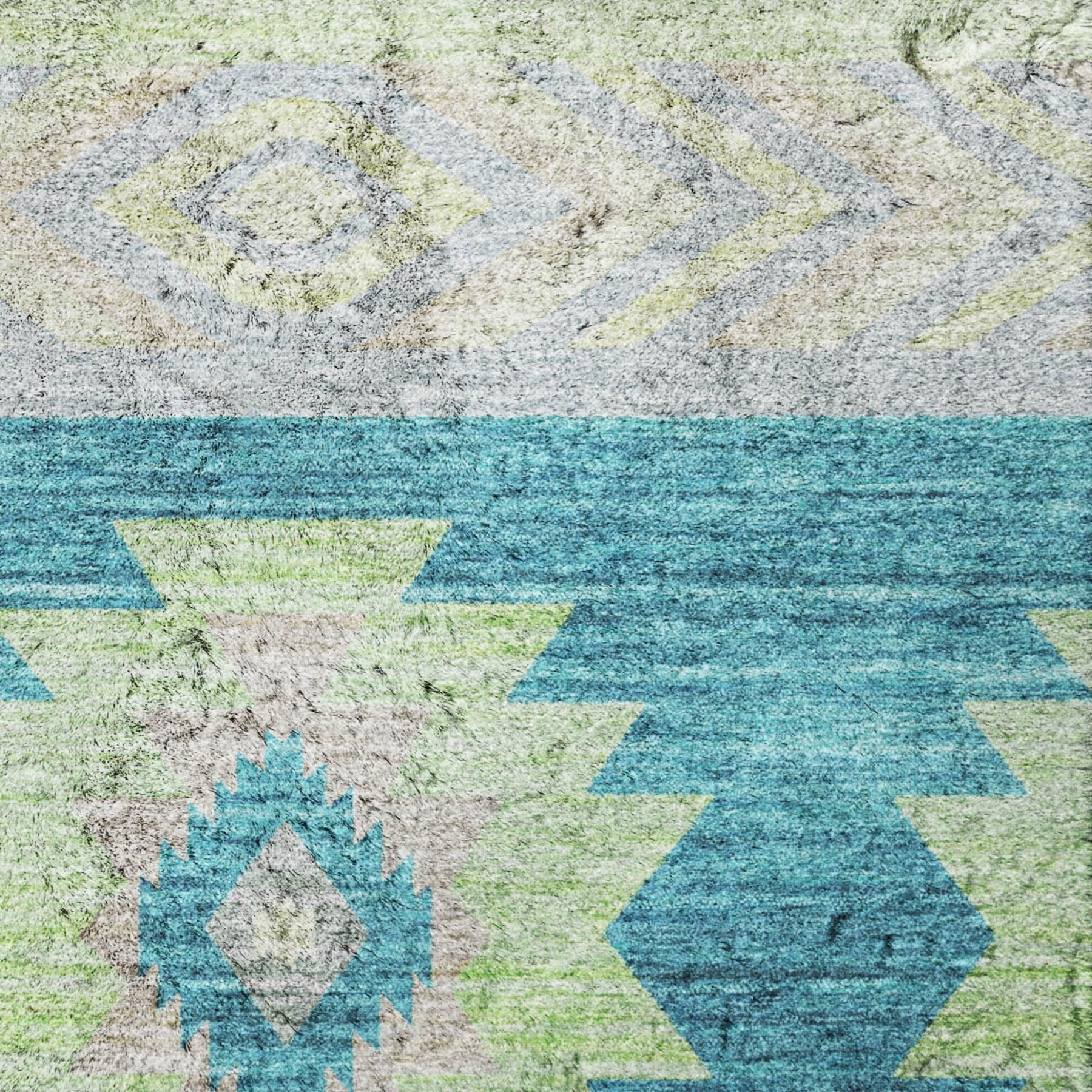 10' X 14' Teal And Lime Green Geometric Shag Washable Area Rug With UV Protection - Home & Garden