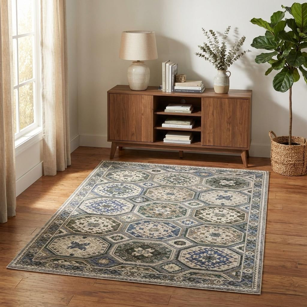 4' X 6' Ivory And Blue Medallion Area Rug With Fringe - Home & Garden