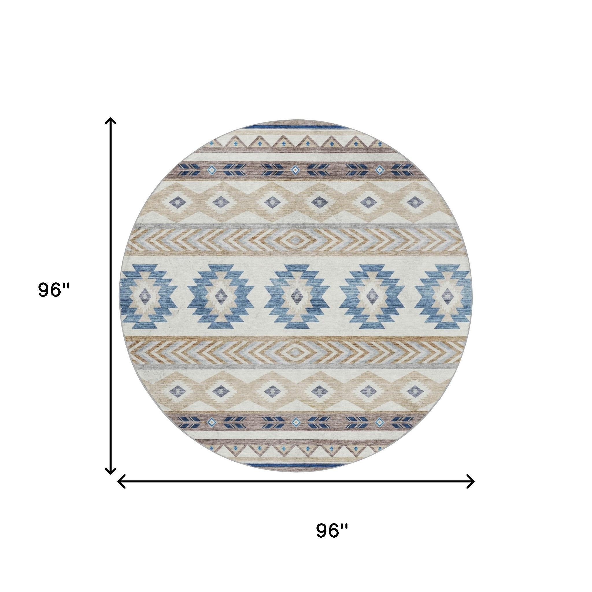 8' Taupe And Ivory Geometric Shag Washable Round Rug With UV Protection - Home & Garden
