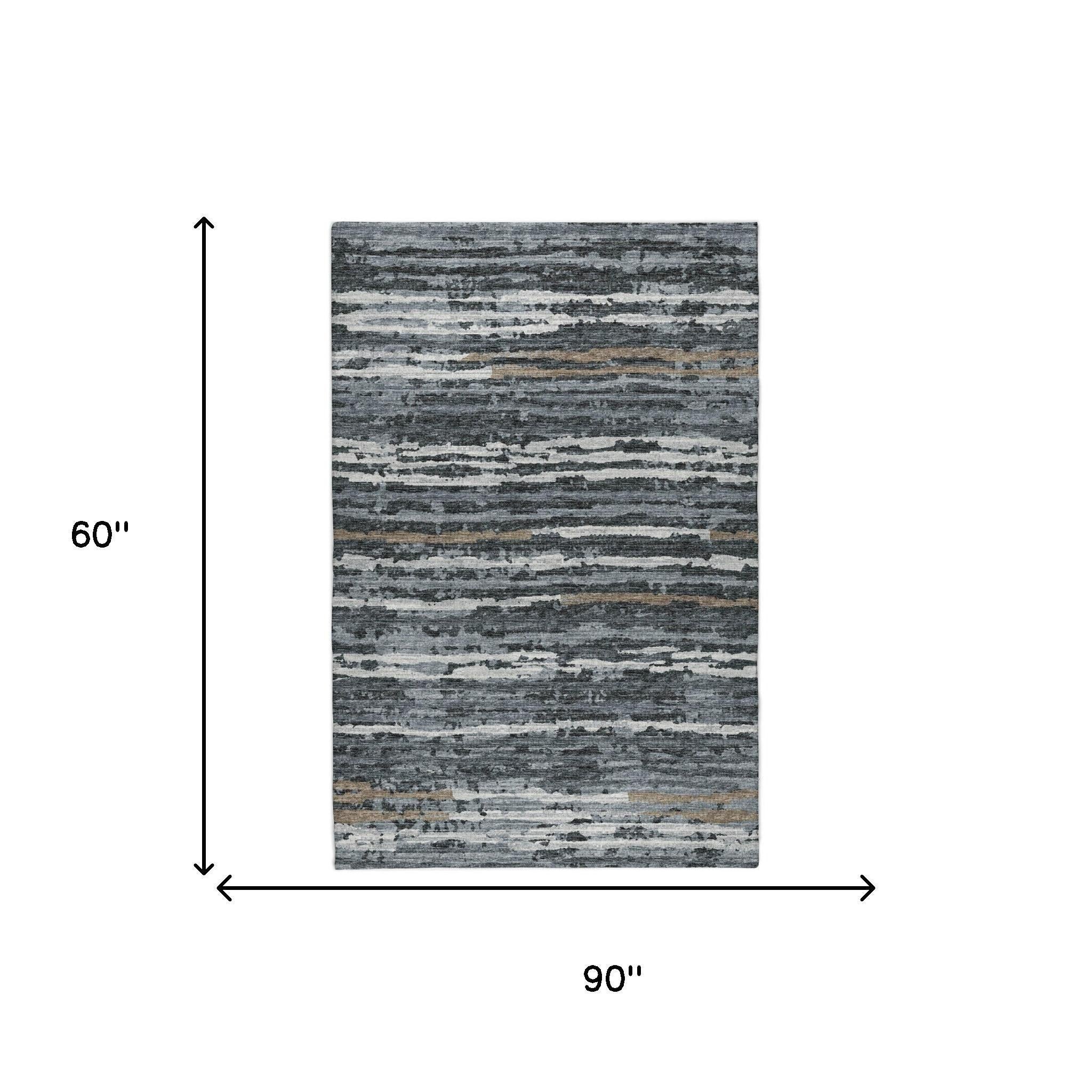 5' X 8' Gray And Charcoal Striped Shag Washable Area Rug With UV Protection - Home & Garden