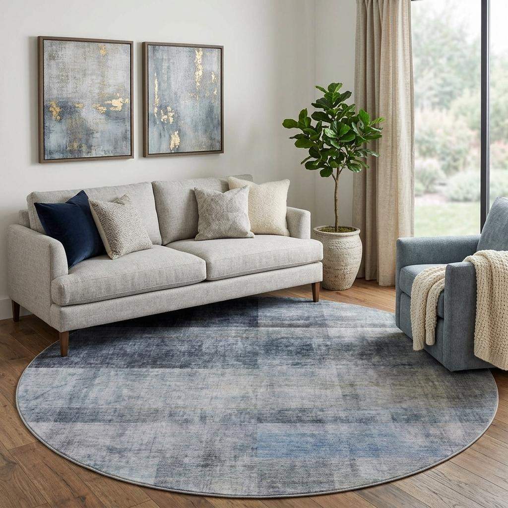8' Navy Blue And Gray Geometric Shag Washable Round Rug With UV Protection - Home & Garden
