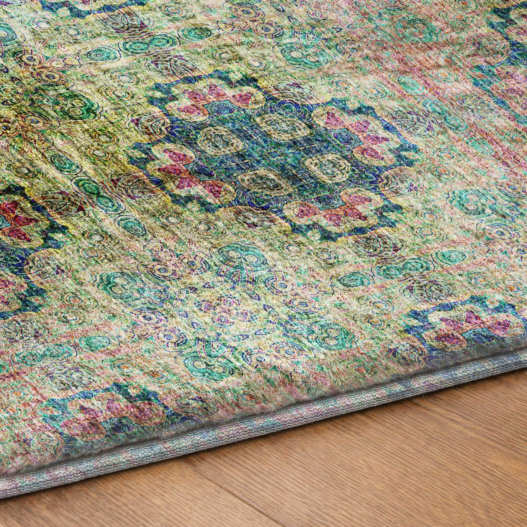 3' X 5' Green And Teal Medallion Shag Washable Area Rug With UV Protection - Home & Garden