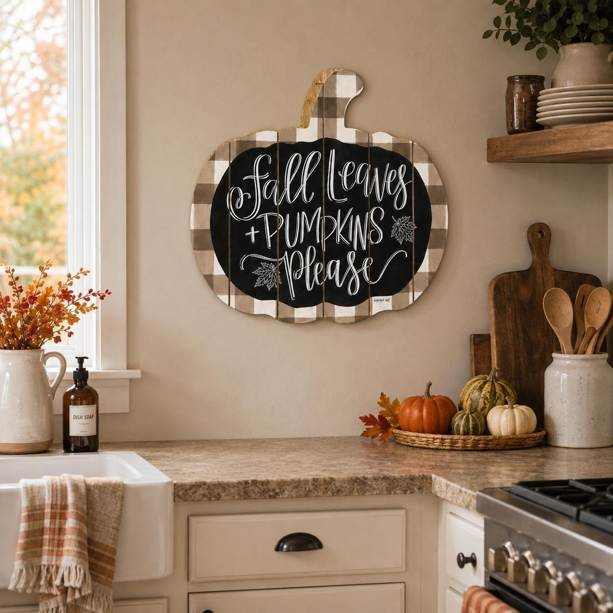15" X 17" Brown And White Fall Leaves and Pumpkins Please Hanging Dimensional Sculpture - Home Decor