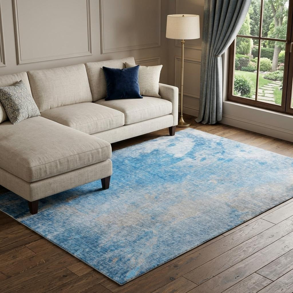 10' X 14' Blue And Denim Blue Abstract Shag Washable Area Rug With UV Protection - Home & Garden