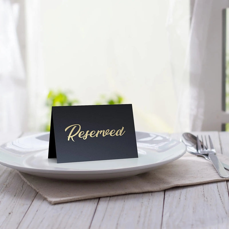 10 Pack Black Reserved Table Signs for Wedding   Gold Foil Reserved Seating Signs for Wedding Chairs   Church Pews   Double Sided Cardstock Reserved Signs for Tables   Table Tent Reservation Cards Iricus