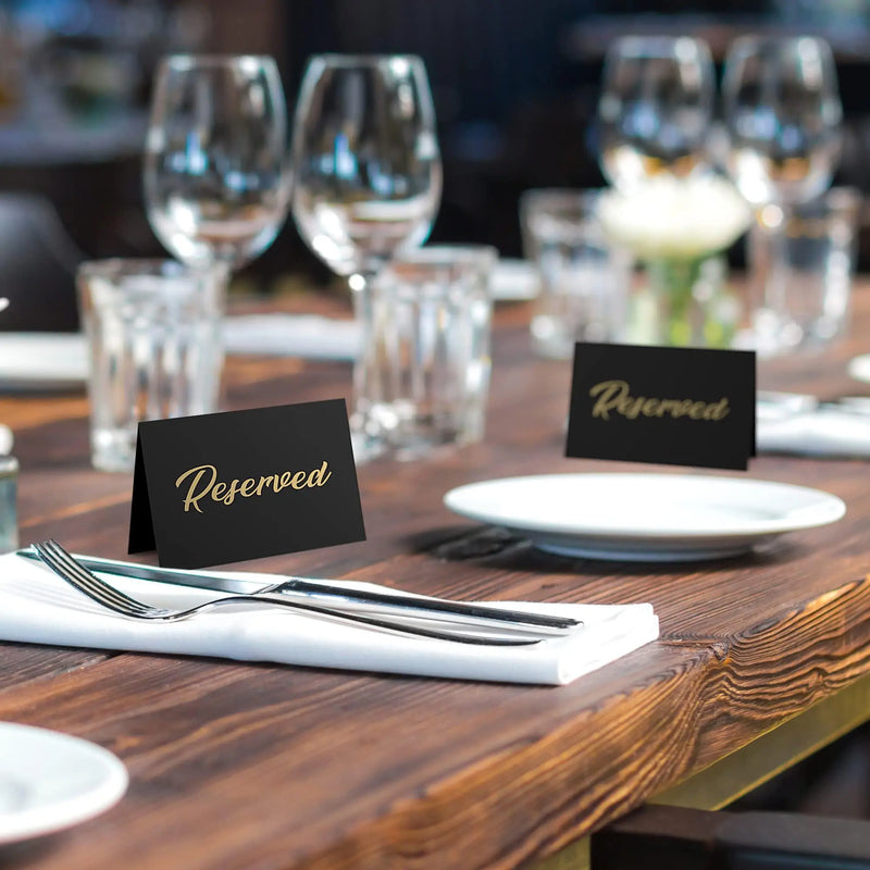 10 Pack Black Reserved Table Signs for Wedding   Gold Foil Reserved Seating Signs for Wedding Chairs   Church Pews   Double Sided Cardstock Reserved Signs for Tables   Table Tent Reservation Cards Iricus