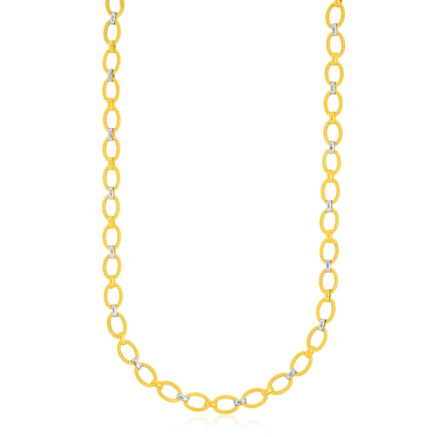 14k Two-Tone Gold Multi-Textured Oval Link Fancy Necklace - 18" - Jewelry