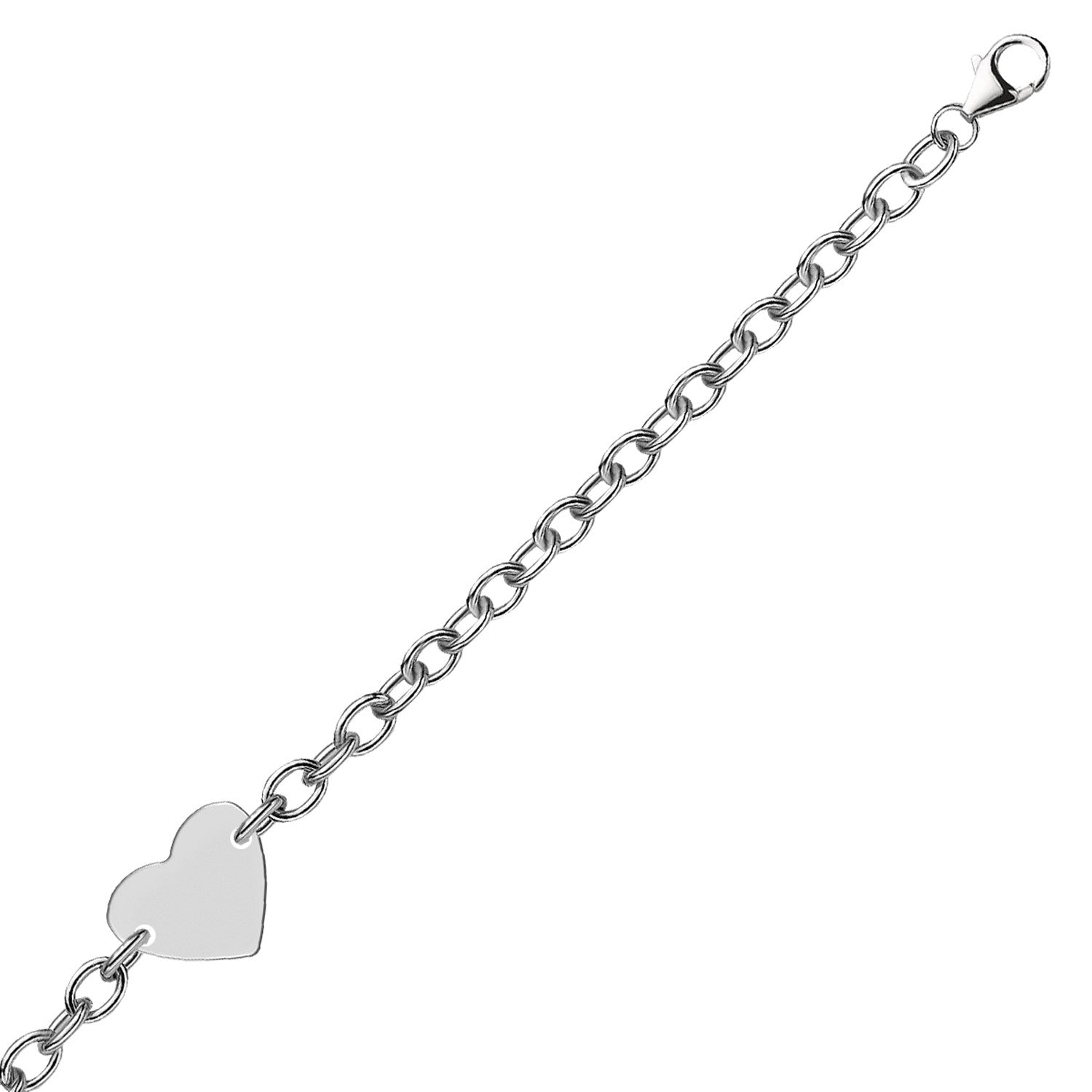 Sterling Silver Rhodium Plated Chain Bracelet with a Flat Heart Station 7.25