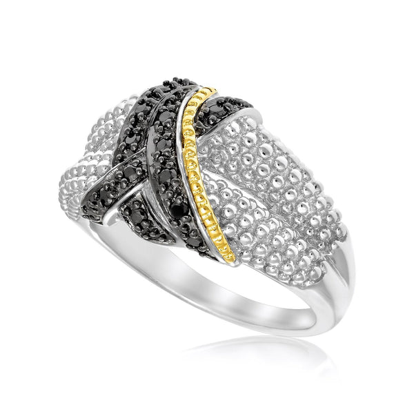 18k Yellow Gold & Sterling Silver Entwined Popcorn Ring with Black Diamonds - 9 - Jewelry
