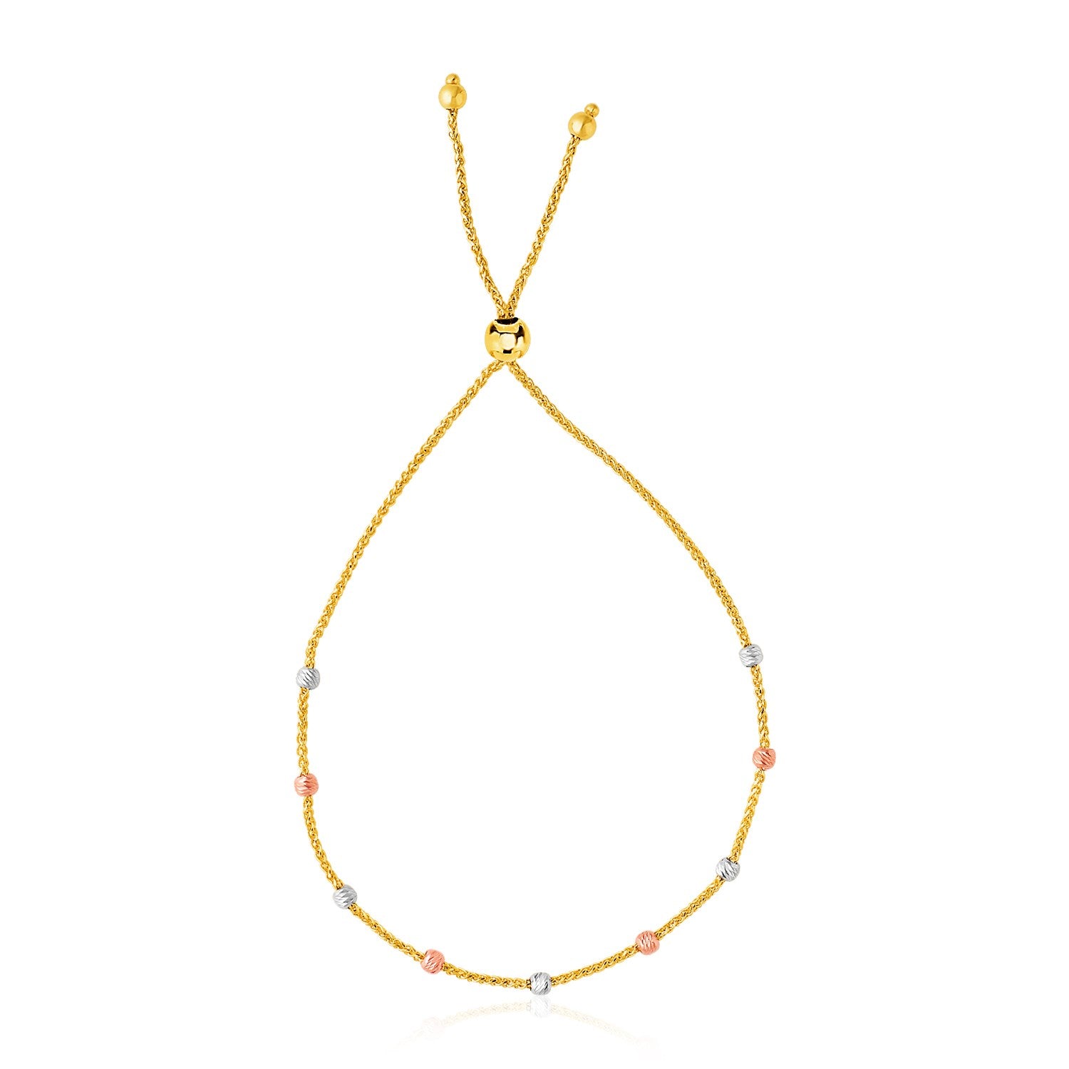 14k Tri-Color Gold Textured Bead Station Lariat Bracelet - 9.25" - Jewelry