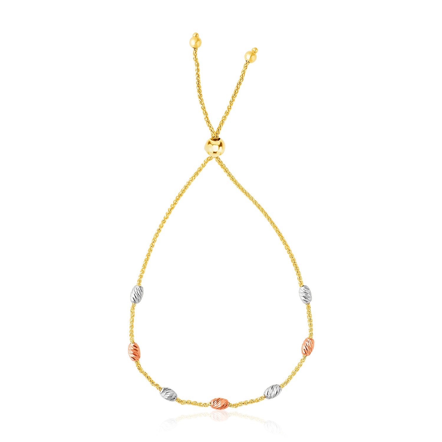14k Tri-Color Gold Textured Oval Station Lariat Style Bracelet - 9.25" - Jewelry