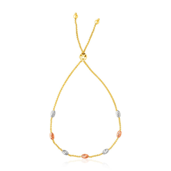 14k Tri-Color Gold Textured Oval Station Lariat Style Bracelet - 9.25" - Jewelry