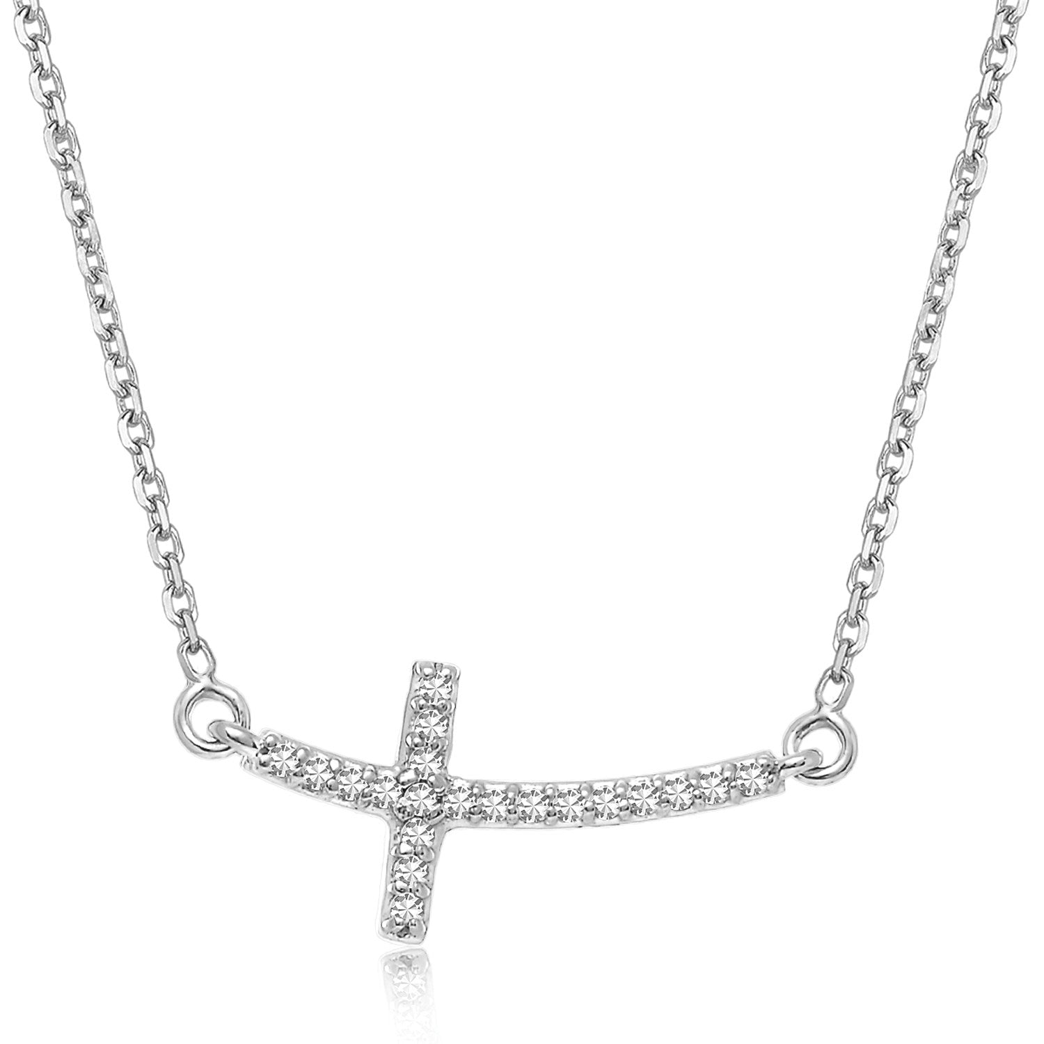 14k White Gold Curved Cross Diamond Studded Necklace (.11cttw) 18"