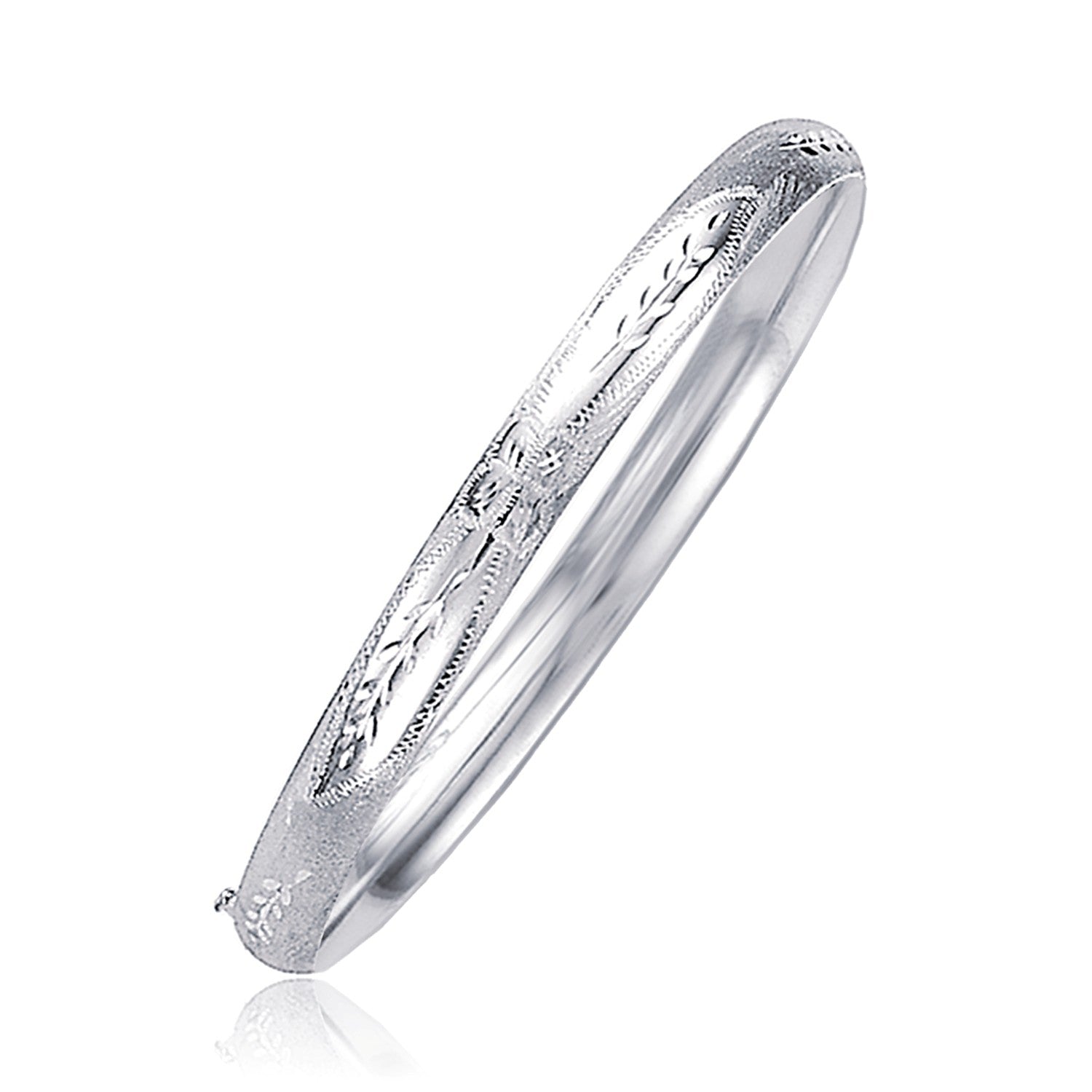 Classic Floral Carved Bangle in 14k White Gold (5.0mm) - 8" - Jewelry