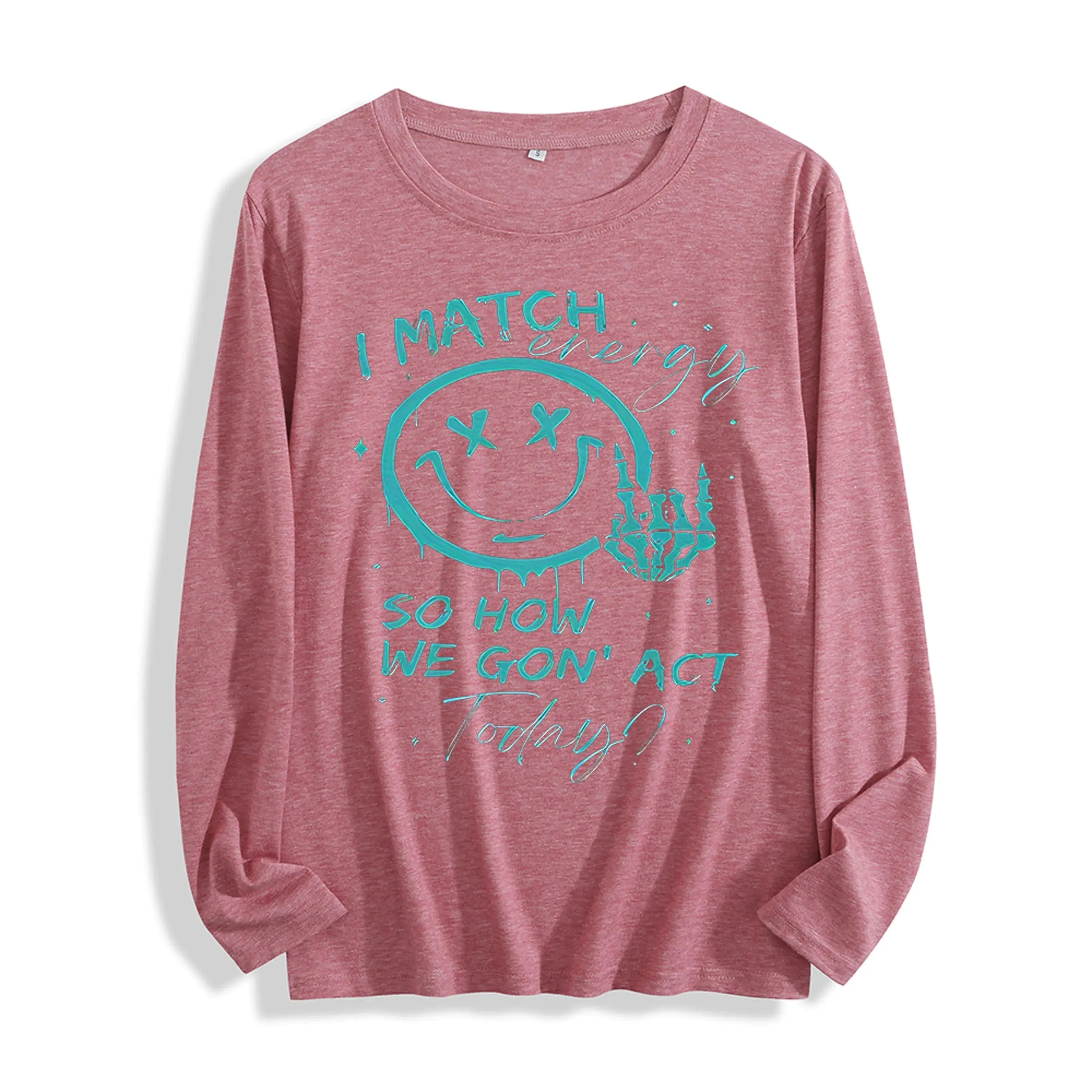 100% Cotton "I Match Energy Smiley Face Graphic" Long - Sleeve T - Shirt, Multi - Colors GreatEagleInc