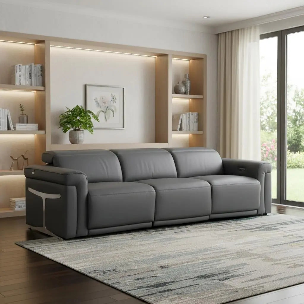 100" Dark Gray Top Grain Leather Reclining Metal USB Sofa Homeroots Living Room