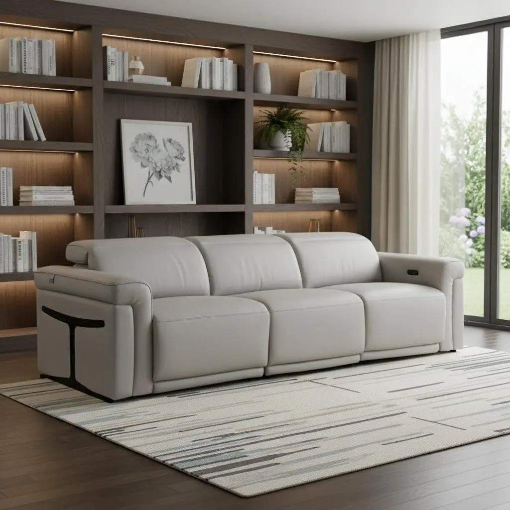 100" Light Gray Top Grain Leather Reclining Metal USB Sofa Homeroots Living Room