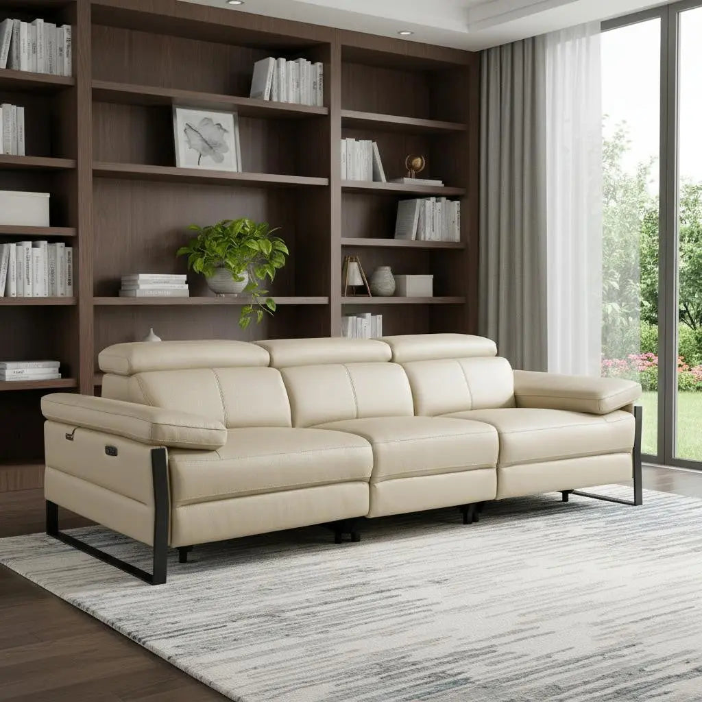103" Beige Top Grain Leather Reclining Metal USB Sofa Homeroots Living Room
