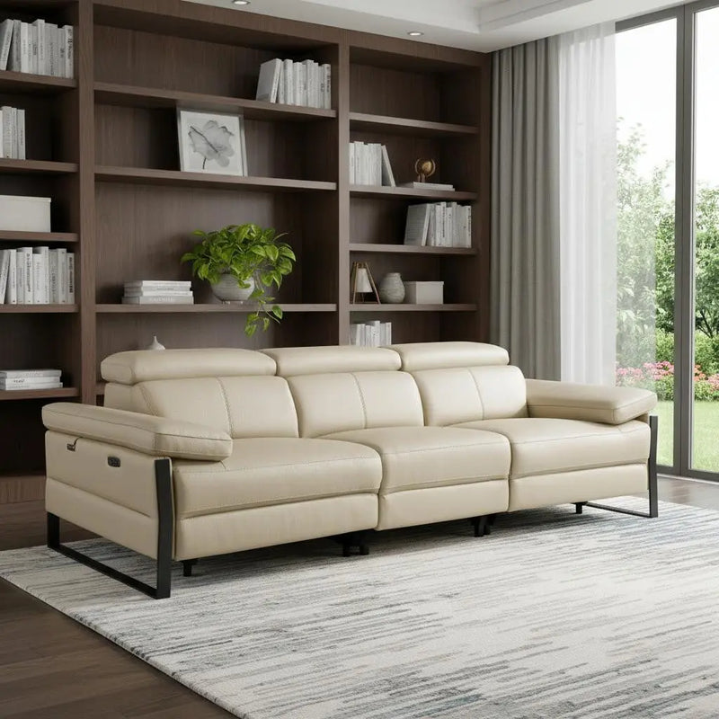 103" Beige Top Grain Leather Reclining Metal USB Sofa Homeroots Living Room