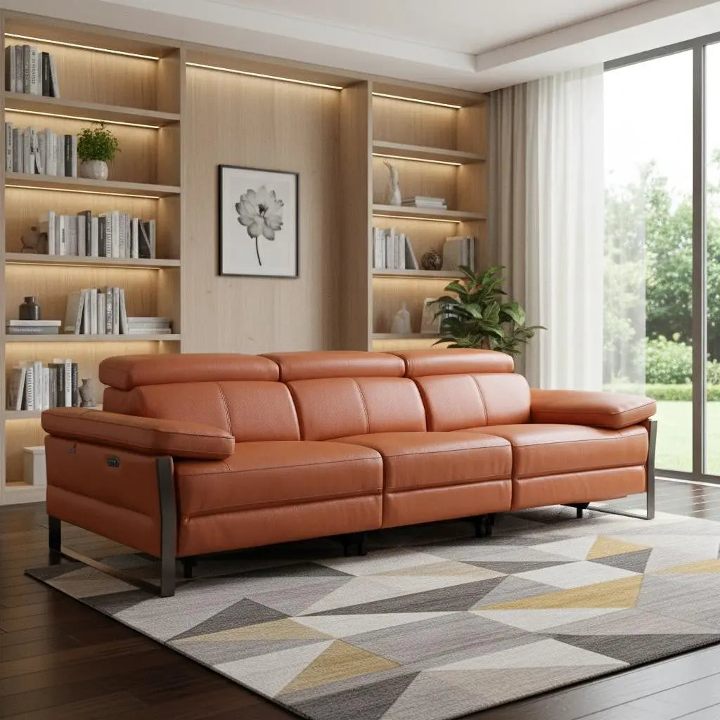 103" Camel Top Grain Leather Reclining Metal USB Sofa Homeroots Living Room