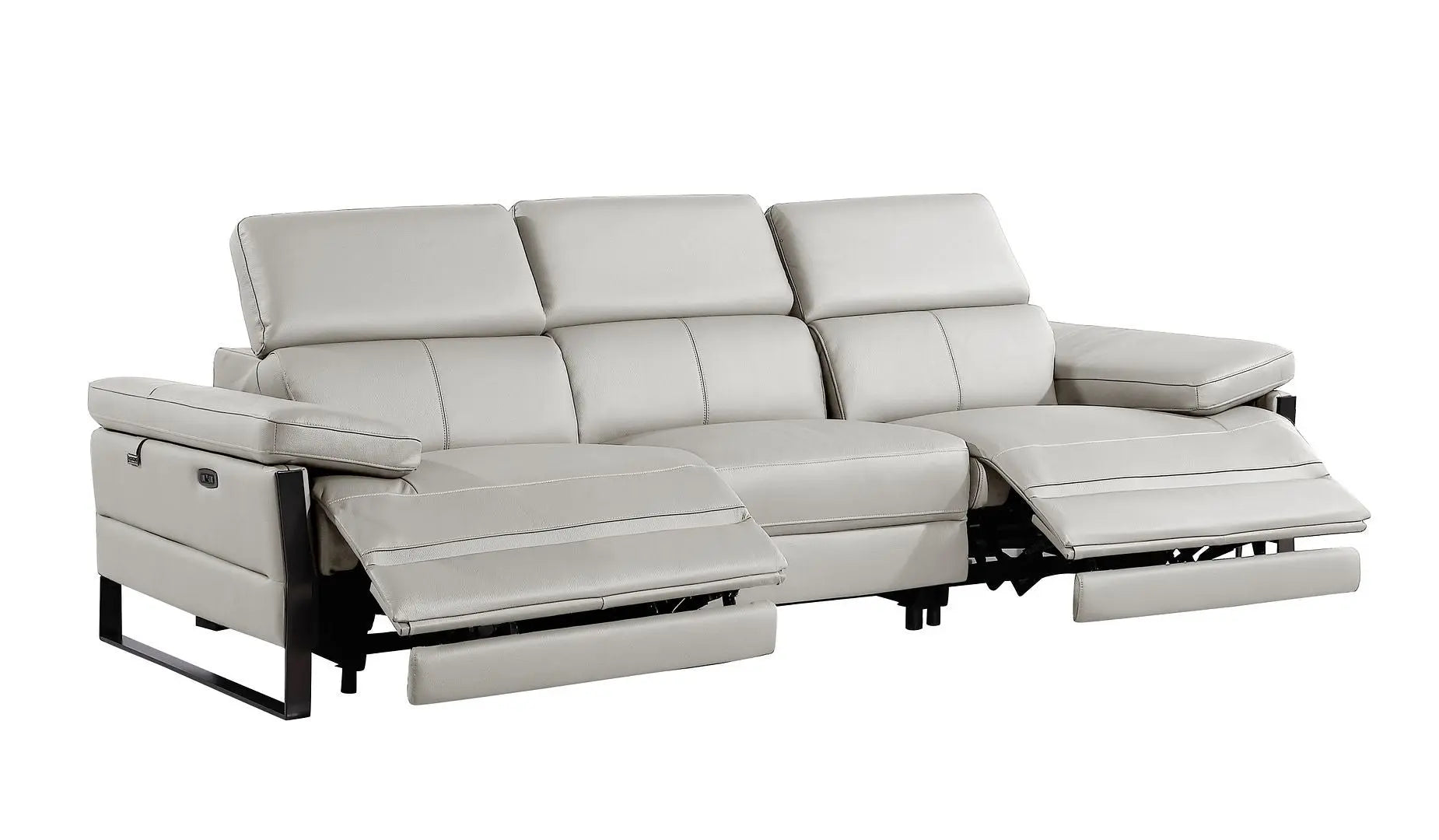 103" Light Gray Top Grain Leather Reclining Metal USB Sofa Homeroots Living Room
