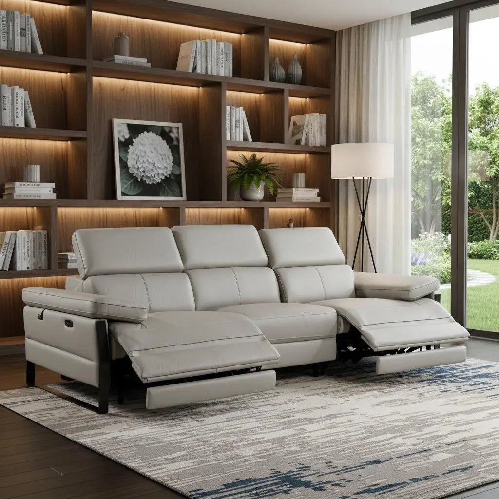103" Light Gray Top Grain Leather Reclining Metal USB Sofa Homeroots Living Room