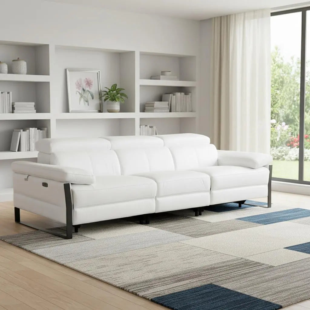 103" White Top Grain Leather Reclining Metal USB Sofa Homeroots Living Room