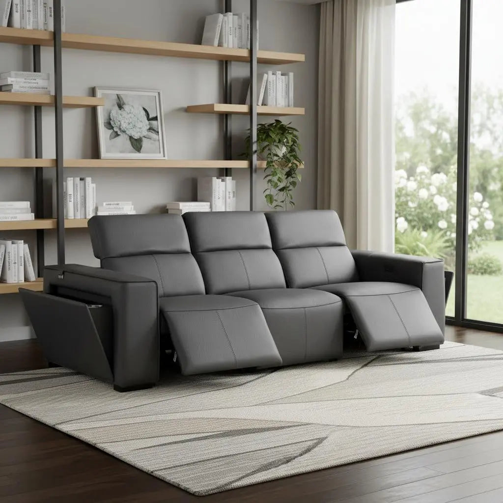 104" Dark Gray Top Grain Leather Reclining Metal USB Sofa Homeroots Living Room