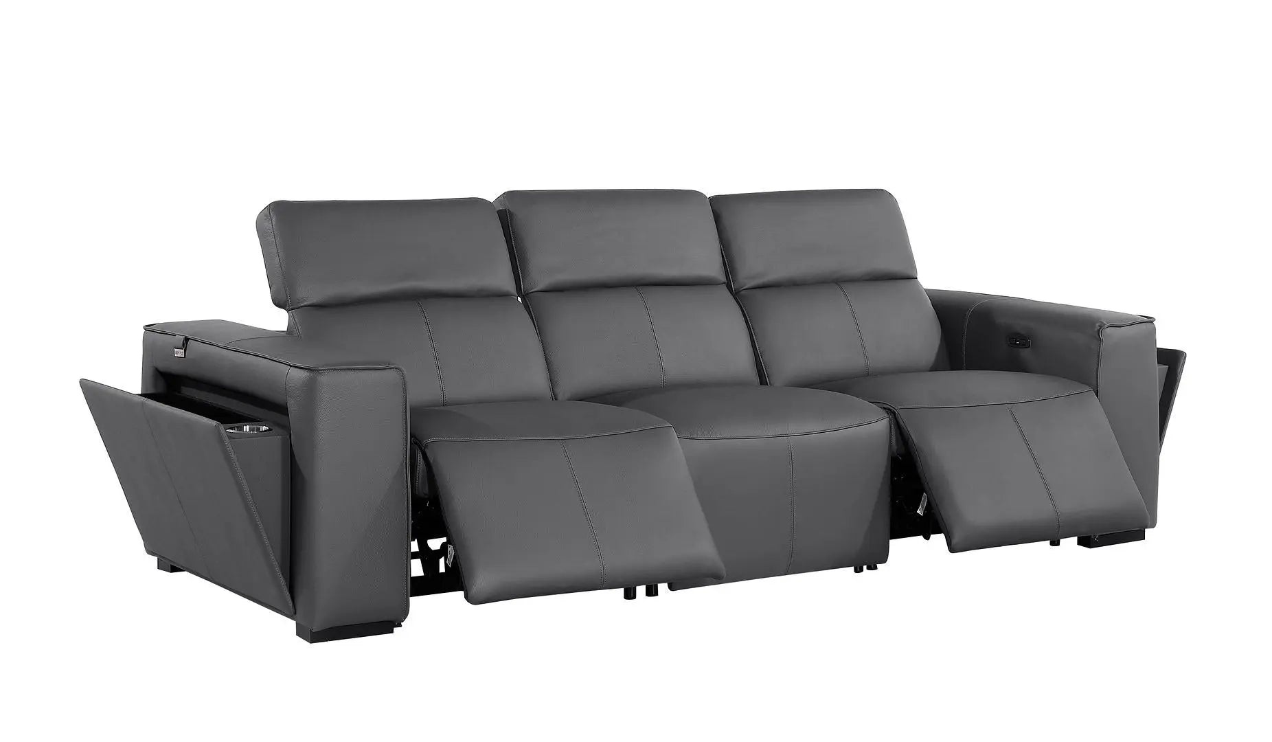 104" Dark Gray Top Grain Leather Reclining Metal USB Sofa Homeroots Living Room