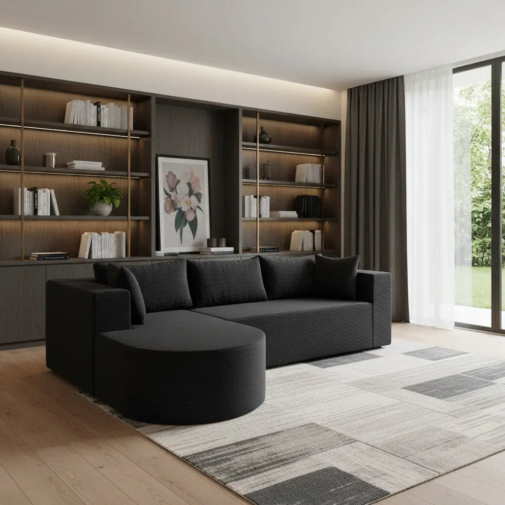 105" Black Corduroy Modular Left Rounded Chaise Style Sofa With Toss Pillows Homeroots Living Room