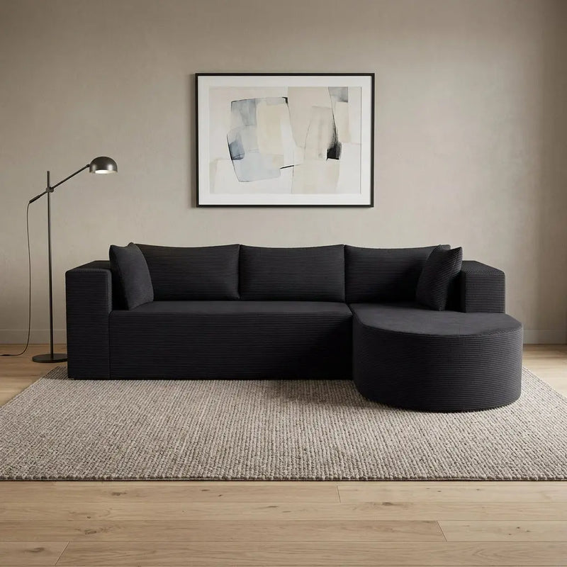 105" Black Corduroy Modular Right Rounded Chaise Style Sofa With Toss Pillows Homeroots Living Room