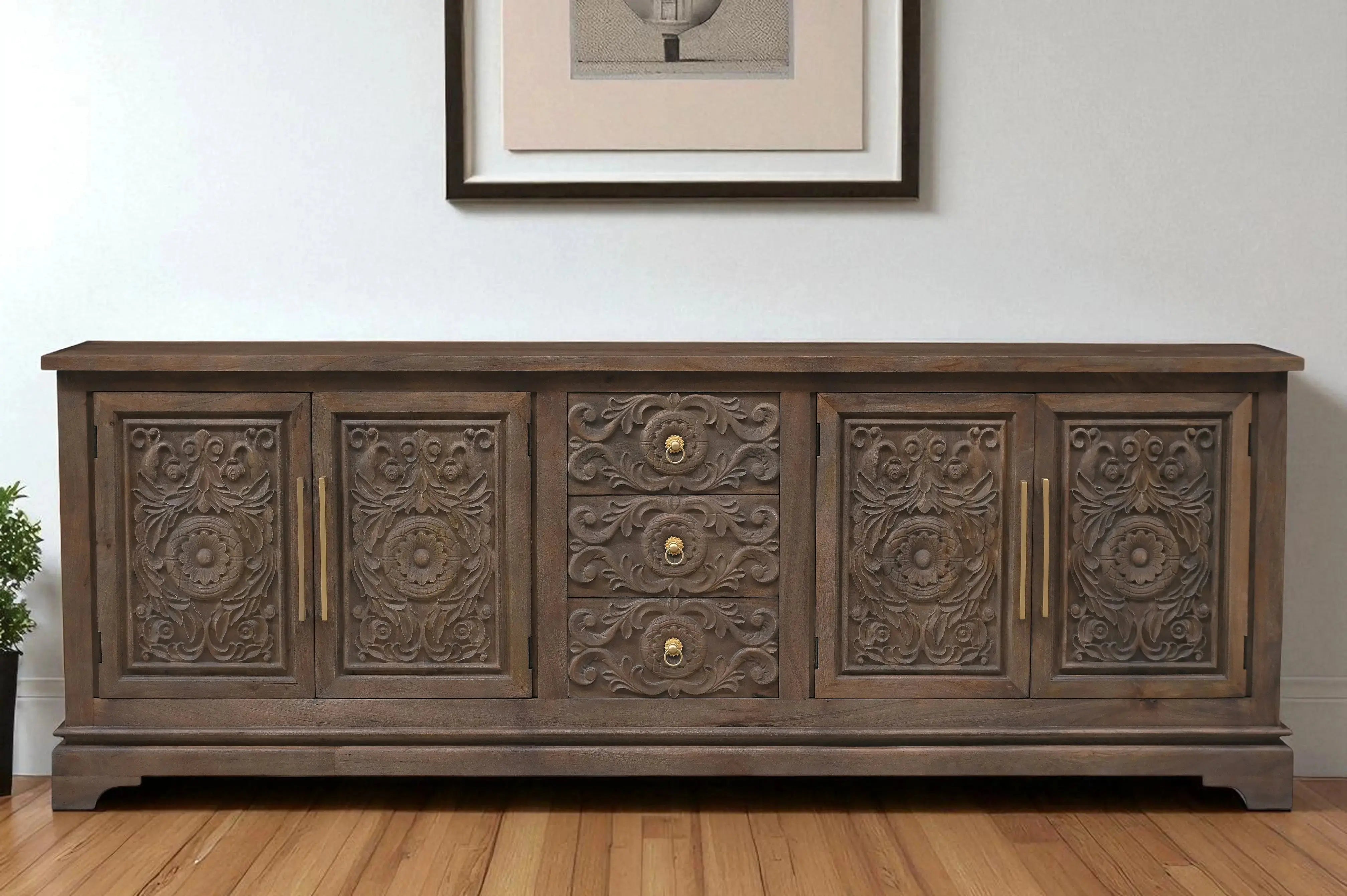 106" Brown Distressed Solid Wood Carved Floral Three Drawer Sideboard with Four Doors Homeroots Kitchen & Dining